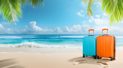 Obraz premium sandy beach scene with travel luggage commercial banner copy space