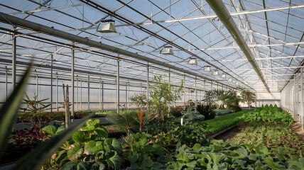 Greenhouse interior diverse plants controlled environment