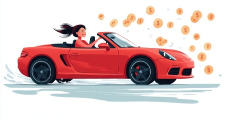 Naklejka premium Illustration of a Woman Driving a Red Convertible Car Surrounded by Flying Dollar Bills