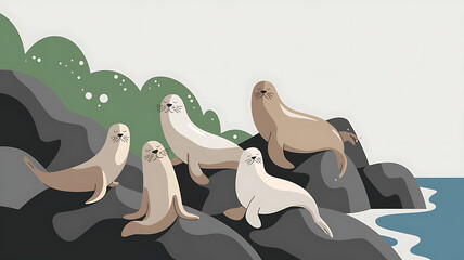 Cute cartoon seals resting on rocks by the ocean