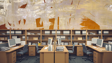 Modern minimalist office space with a bold abstract wall mural
