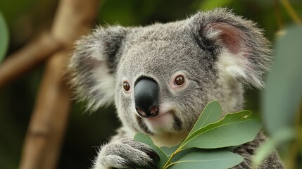 Fototapeta premium Koala with Large Round Eyes Holding a Green Leaf, Set Against a Blurred Green Foliage Background