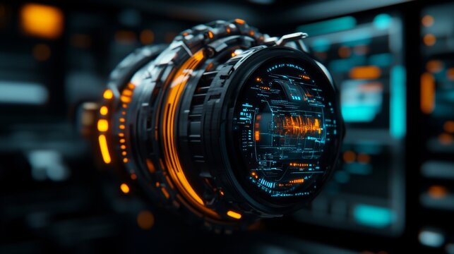 Futuristic Technology Lens with Neon Elements and Digital Interface