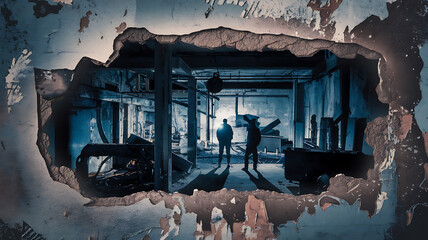 Abandoned factory interior two figures silhouetted in the gloom