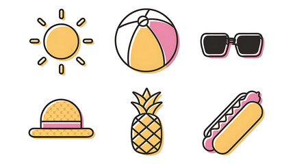 Summer fun icons: sun beach ball sunglasses hat pineapple hot dog