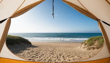 View from inside tent looking out to peaceful sandy beach and ocean horizon under clear blue sky – perfect camping scene for travel, adventure, freedom, and summer getaway themes