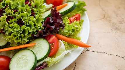 Fresh mixed salad with lettuce cucumber tomato and carrot