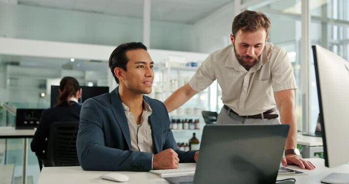 Laptop, training and business men in office for advice, feedback and help with drugs sales. Team, computer and mentor coaching intern in pharmaceutical company for discussion, planning and meeting