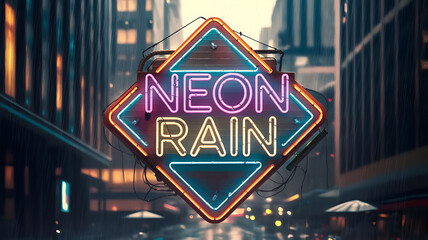 A vibrant neon sign reading NEON RAIN in a rainy city street scene evoking a retro-futuristic aesthetic