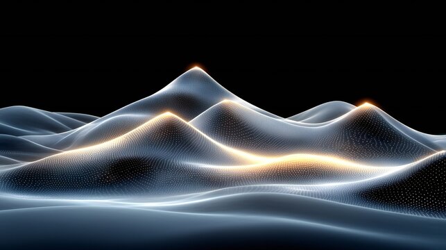 Abstract Digital Landscape Glowing Point Cloud Hills and Valleys in Dark Background