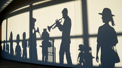 Silhouette shadows of musicians on a light beige wall