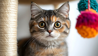 Obraz premium Playful kitten peering curiously from behind a scratching post with colorful toys nearby