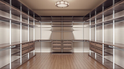 Organized walk-in closet with wooden shelves and drawers