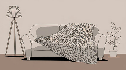 Cozy living room scene with a knitted throw blanket draped over a couch