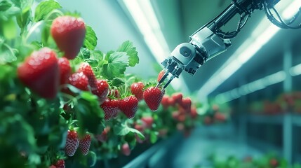 Robotic arm harvesting ripe strawberries in controlled environment indoor agriculture