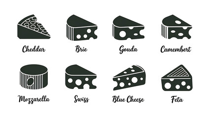 Variety of cheese icons with names in a simple modern style Perfect for food-related projects