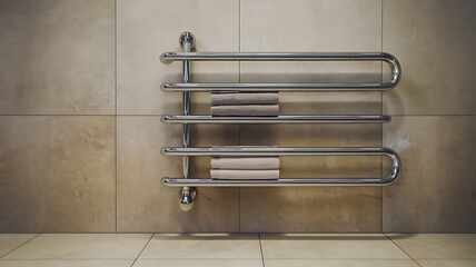 Modern chrome towel warmer against a beige tiled wall