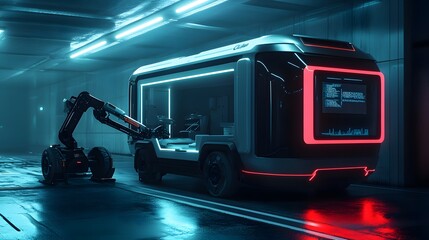 Self-driving mobile clinic with robotic arms urban environment futuristic design technology concept