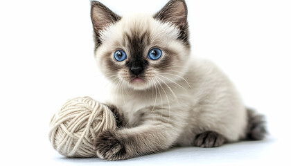 Playful kitten with blue eyes engaging with a ball of yarn on a white background