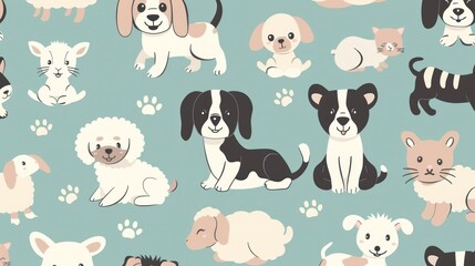 Naklejka premium A seamless pattern featuring baby animals such as puppies, kittens, and lambs.