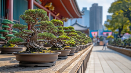 temple and city with a traditional bonsai exhibition