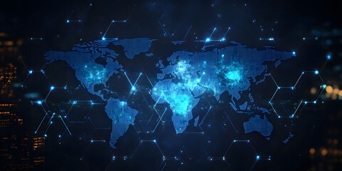 digital map of the world with hexagons and blue glowing elements