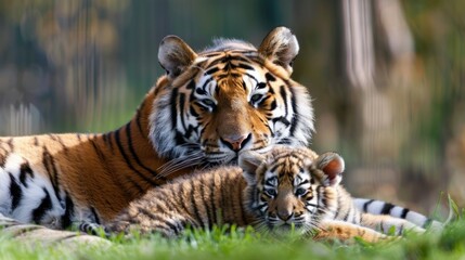 Fototapeta premium A baby tiger cub cuddling with its mother.