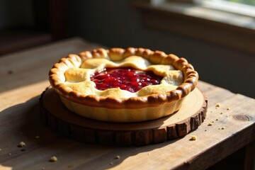 A Rustic Homemade Berry Pie on a Wooden Slab, Basking in Golden Sunlight