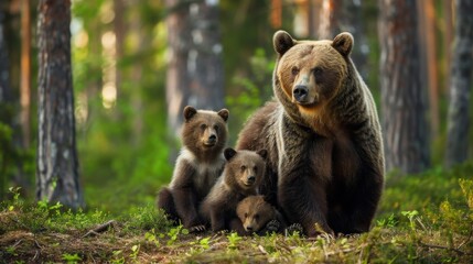 Obraz premium A mother bear with her cubs in a forest.