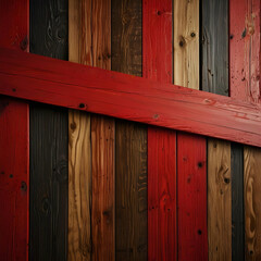 A diagonal wooden plank pattern alternating between natural wood and bold red-painted sections. The combination of rustic textures and vibrant color contrast creates a dynamic and visually striking