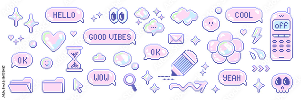 Fototapete pixel art speech bubble and element asset pack. retro pastel aesthetics dialogue box and retro game 