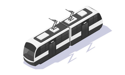 Modern isometric tram in black and white colors with pantographs, casting a shadow on a white background. Urban transport concept. Vector illustration