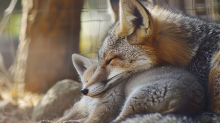 A baby animal, like a fox, snuggling with its mother.
