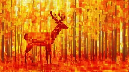Autumn Deer with Pixel Art, Forest, and Fall Colors.