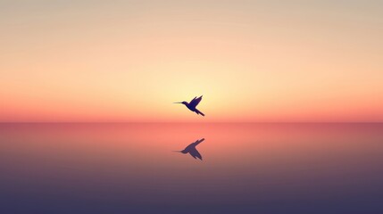 Fototapeta premium Hummingbird Sunset Silhouette Reflection.