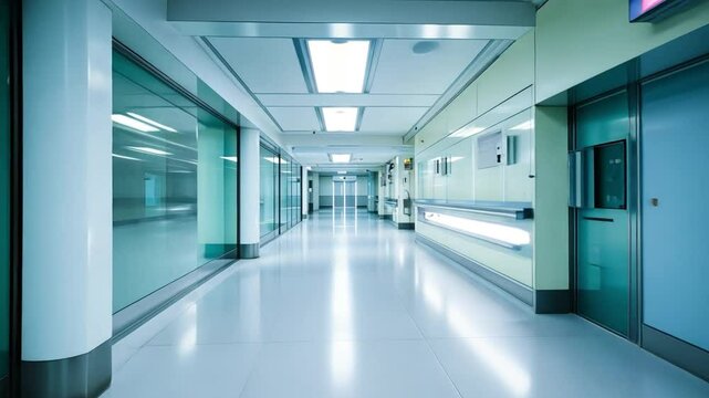 Modern Hospital Corridor: An expansive view down a bright, modern hospital corridor, its design emphasizes cleanliness and a sense of calm, creating a clean aesthetic with a focus on functionality.