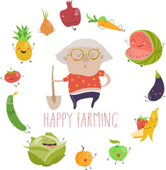 Cute granny farmer with funny vegetables. Vector illustration