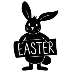 Bunny holding an Easter greeting sign silhouette vector illustration