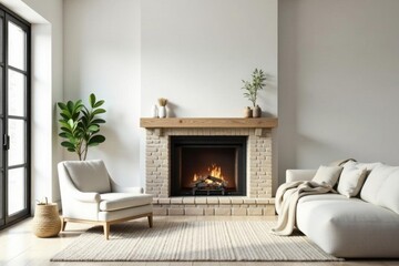 Fototapeta premium Modern minimalist living room interior design featuring a cozy fireplace and comfortable seating