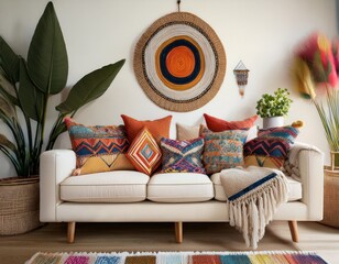 Modern Boho Chic Living Room – Cozy White Sofa with Vibrant Geometric Cushions, Soft Textured Throws, Stylish Wall Art & Fresh Floral Decor – Warm & Inviting Interior Design