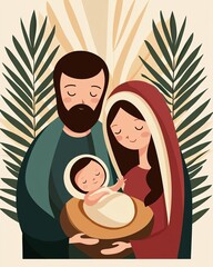 A family portrait depicting the holy family in a stylized, artistic manner. © InkCrafts