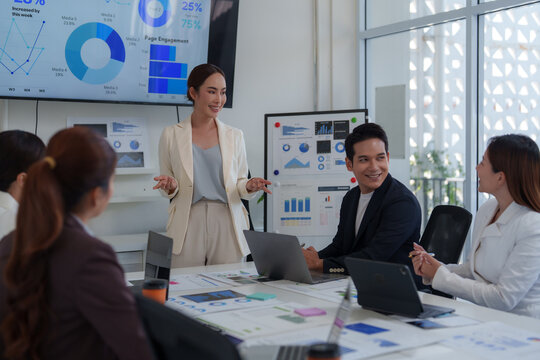 Asian businesswoman leading a meeting in a modern office, presenting data and engaging with her team as charts and graphs display on a large screen and whiteboard