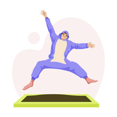Cheerful person in a purple onesie jumps on a trampoline with joy, spreading arms wide. Light abstract background. Concept of fun and happiness. Vector illustration
