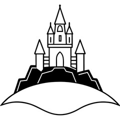 Creepy castle on a hill line art vector illustration 