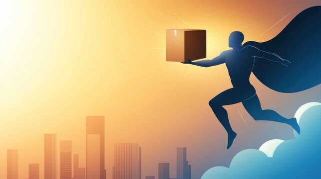 Heroic delivery a superhuman courier navigates urban skies at sunset