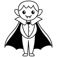 Cute vampire with a cape and fangs line art vector illustration 