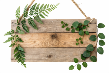 Rustic Wooden Sign with Hanging Rope and Lush Greenery