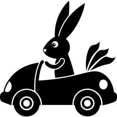 Easter bunny driving a carrot car silhouette vector illustration 