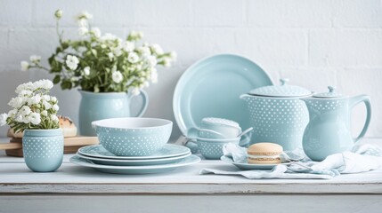 Beautiful Pastel Blue Tableware with Flowers and Macaron Display