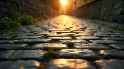 Naklejka premium Golden Hour Illumination on a Cobblestone Path, Leading to a Sunset Glow